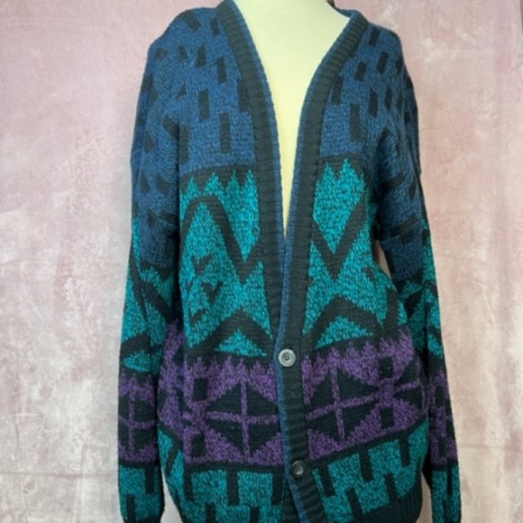 Michael Gerald Other - Michael Gerald Mens 90s Oversized Purple Blue Teal And Black Sweater Size Large